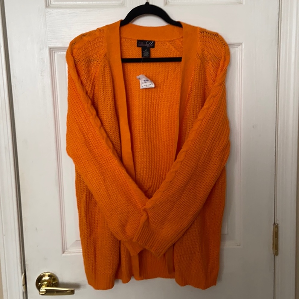 Questions, Medium orange-yellow cardigan/sweater